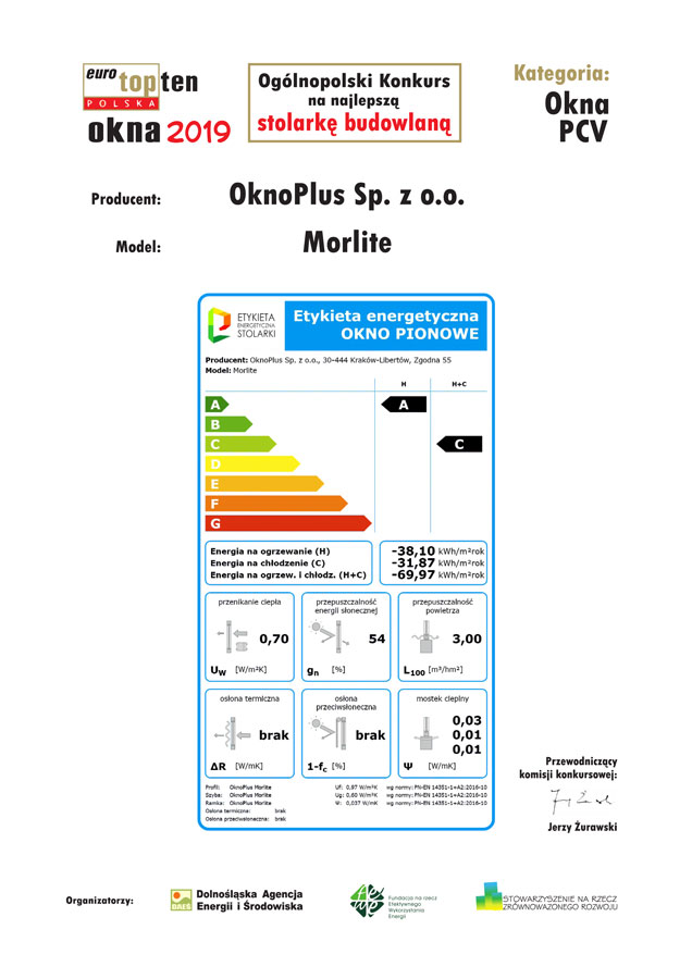 Etykieta energetyczna okna Morlite OknoPlus