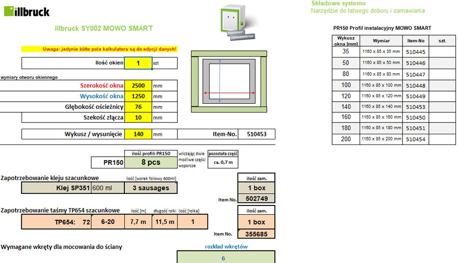 Kalkulator doboru elementów systemu illbruck MOWO SMART